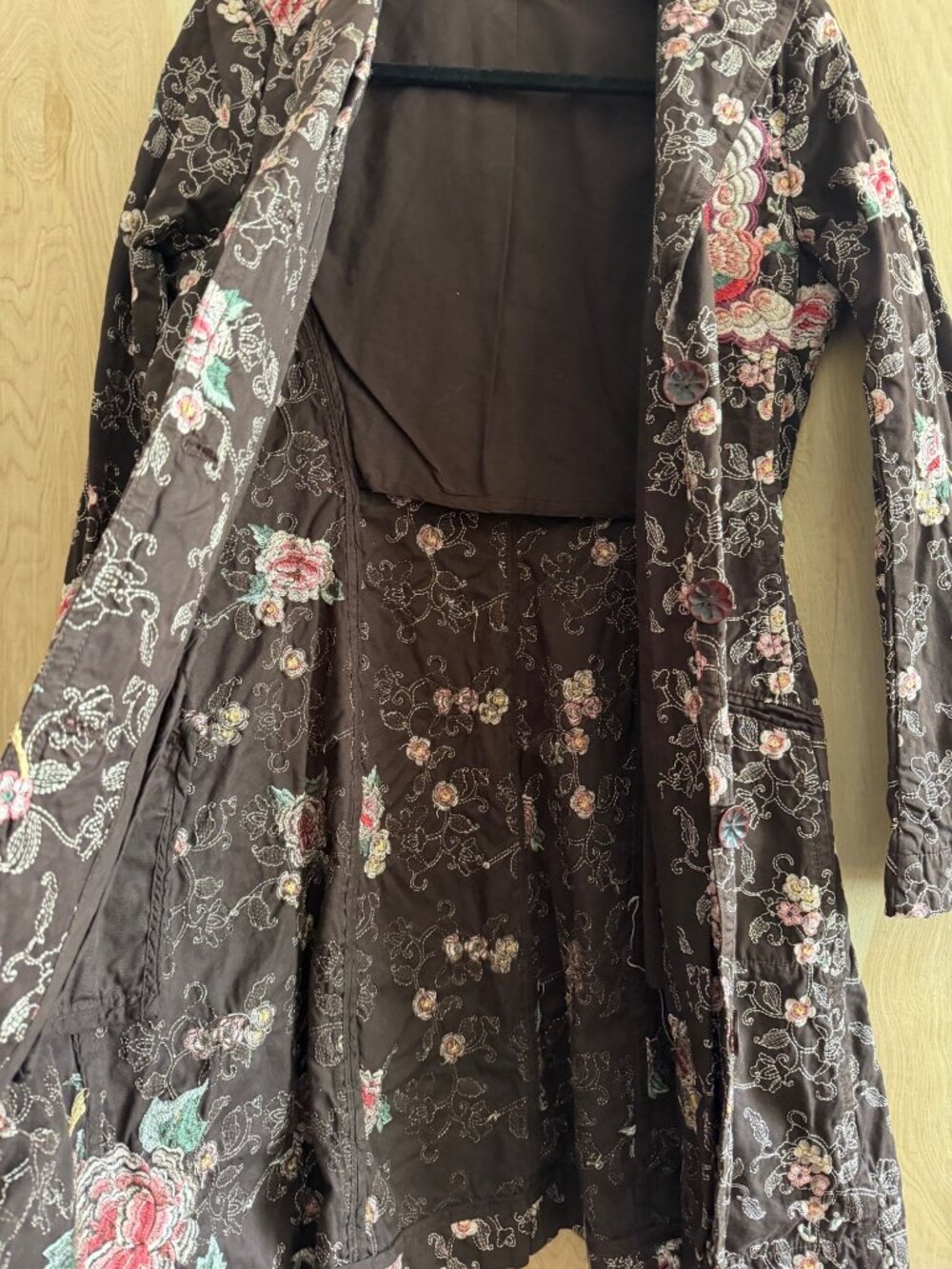 Rare Vintage Johnny Was Brown Embroidered Cotton Duster Coat w/Ornate Collar M - Picture 2 of 16